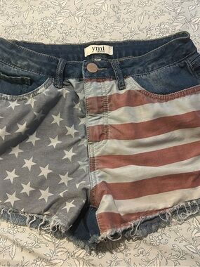 YMI Women's Flag Print Denim Shorts - Faded Blue & Red